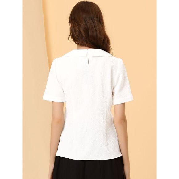 Peter Pan Collar Blouse Women Floral Jacquard Puff Short Sleeve Kawaii Top White - Picture 3 of 6